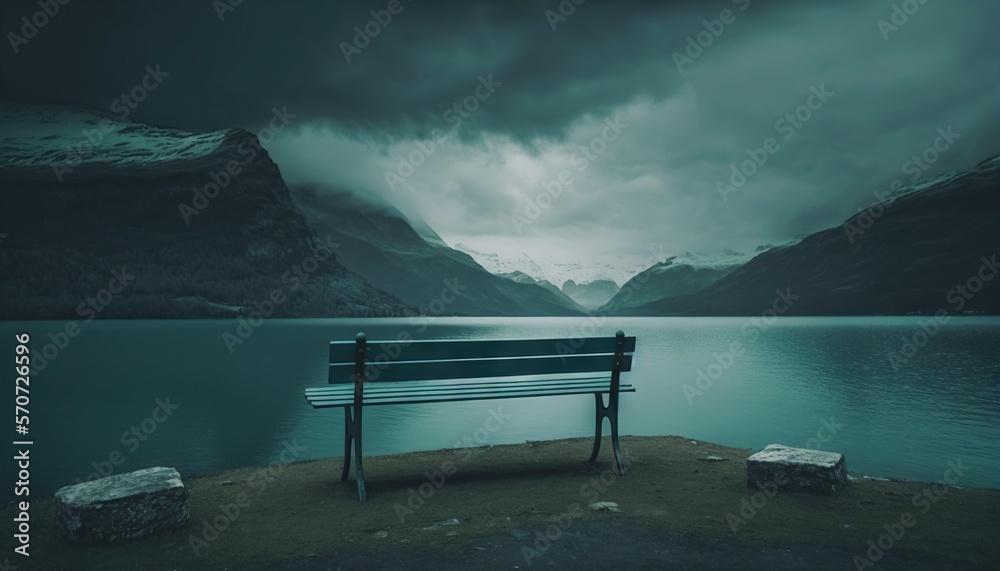  a bench sitting on the shore of a lake under a cloudy sky with mountains in the background and a bo