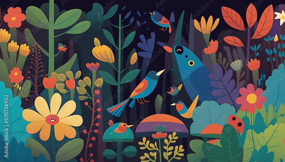  a painting of two birds in a garden of flowers and plants with a dark background and a black backgr