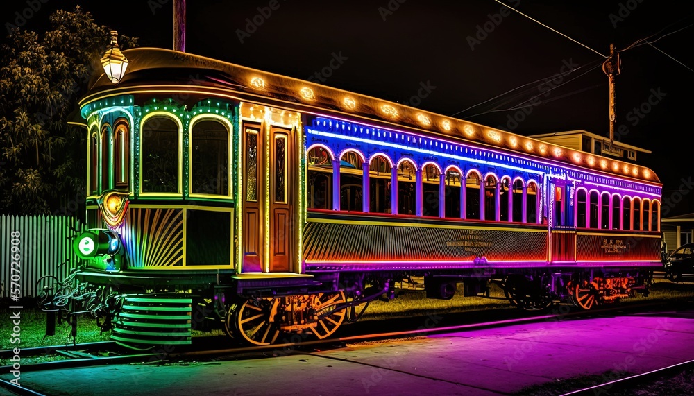  a colorful train car sitting on the tracks at night time with a light on its side and a street lig