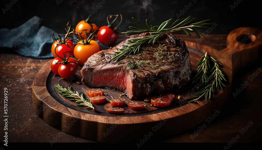  a piece of steak on a wooden plate with tomatoes and rosemary sprigs on a wooden cutting board with