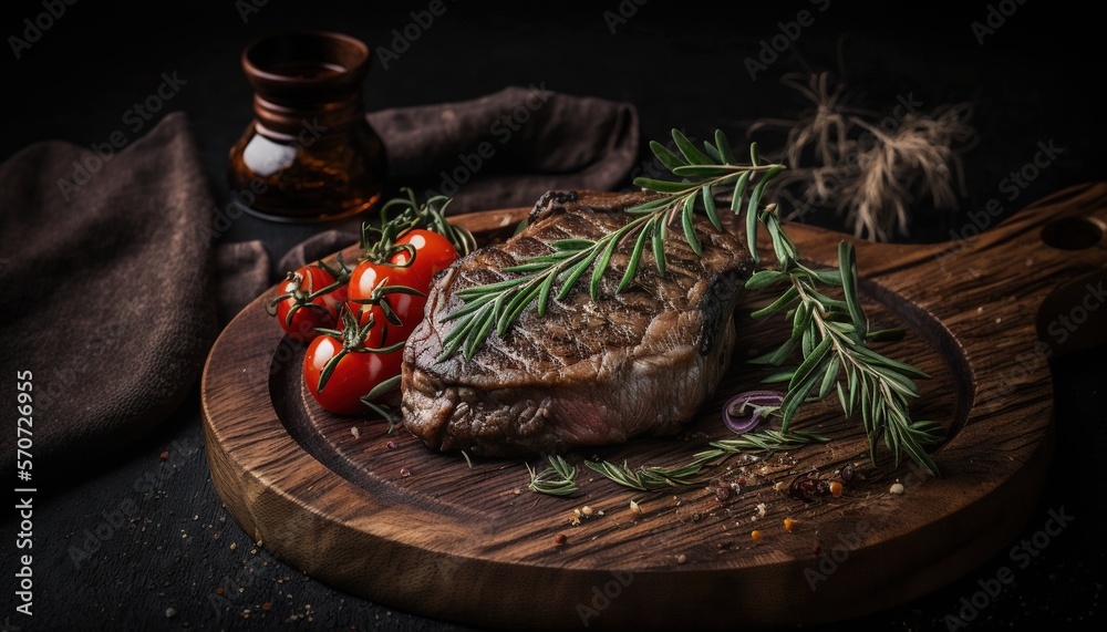  a piece of steak on a cutting board with tomatoes and herbs on the side of the steak, with a bottle