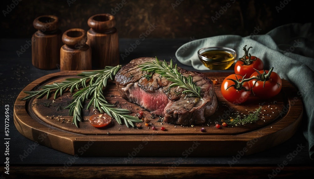  a steak with herbs and tomatoes on a cutting board with a cloth and a bottle of olive oil in the ba