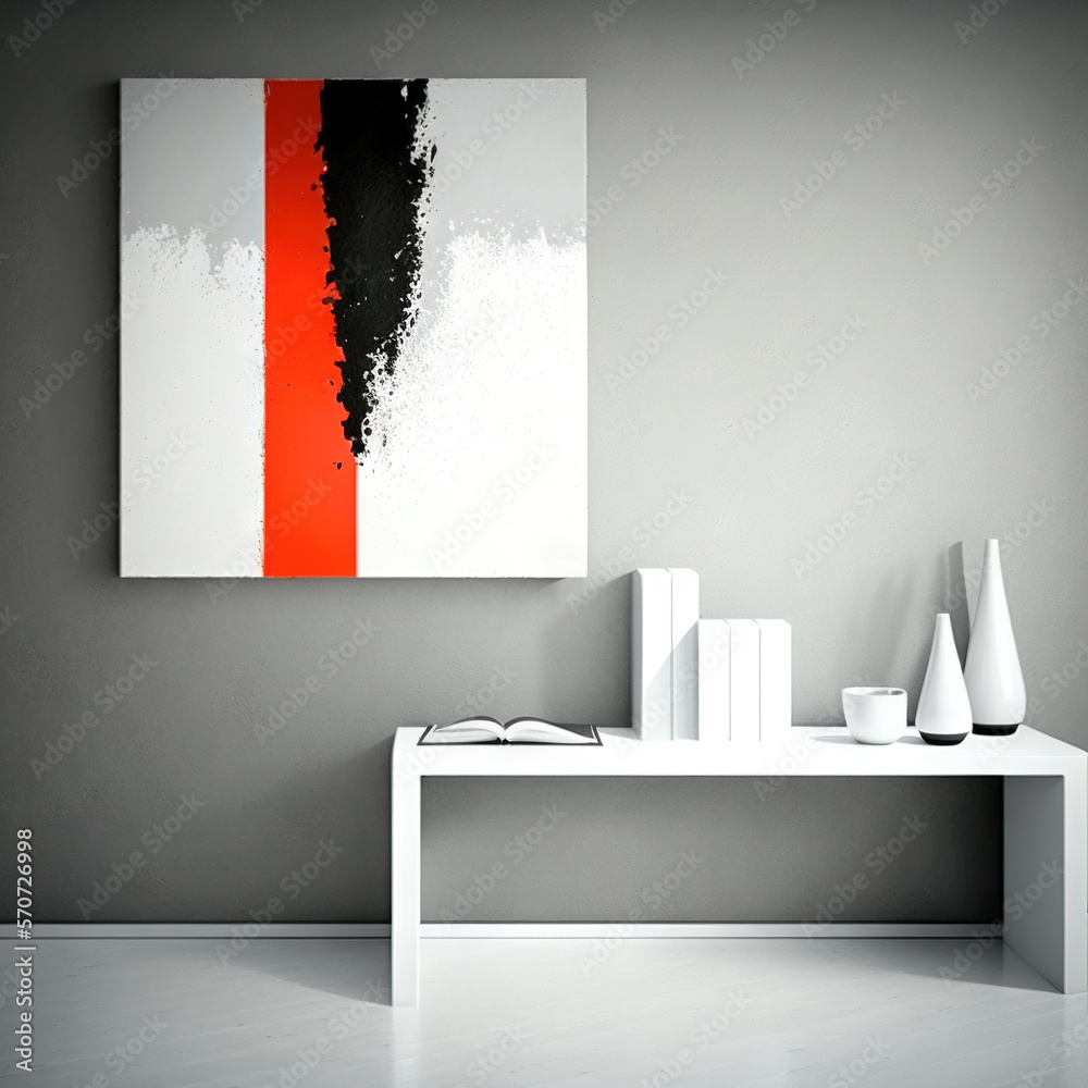  a white table with a red and black painting on the wall above it and a white vase on the side of th