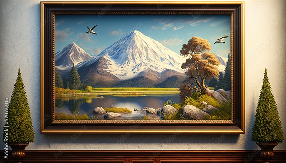  a painting of a mountain scene with a lake and trees in the foreground and a bird flying over the t