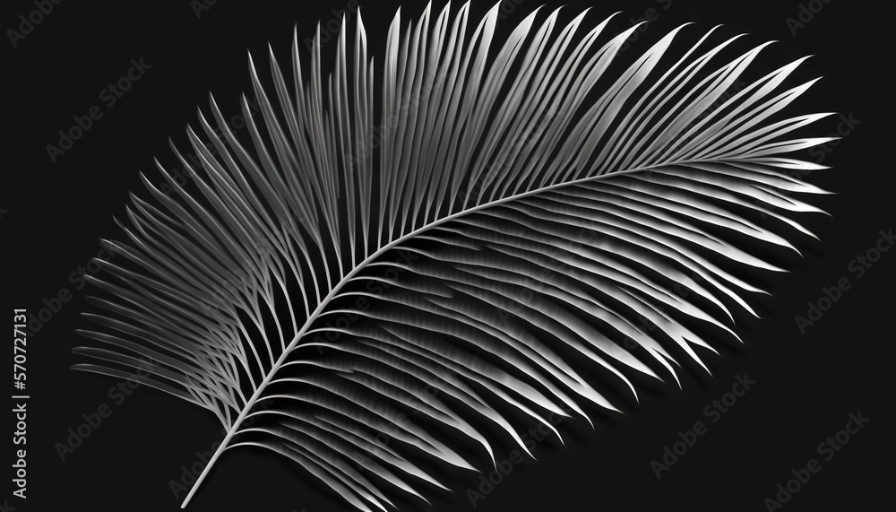  a black and white photo of a palm leaf with a black background that has a white outline of a large,