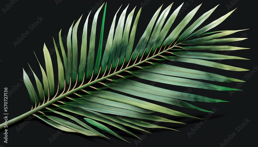  a close up of a palm leaf on a black background with a shadow of the leaves on the left side of the