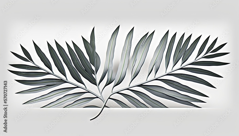  a drawing of a palm leaf on a white background with a shadow of the leaves on the left side of the 