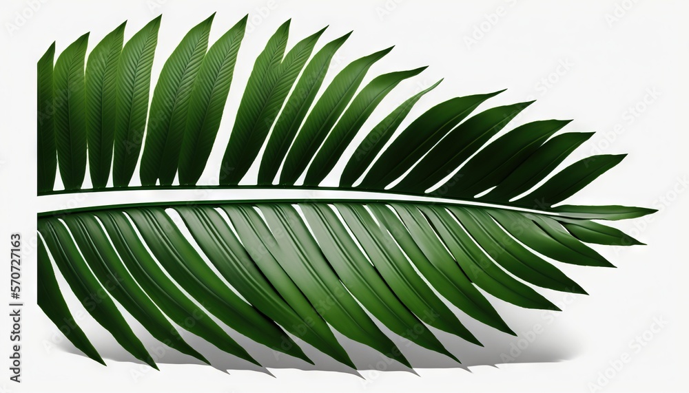  a close up of a green leaf on a white background with a shadow of a palm tree leaf on the left side