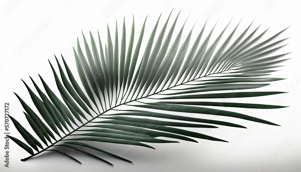  a close up of a palm leaf on a white background with a reflection of the leaves on the floor below 