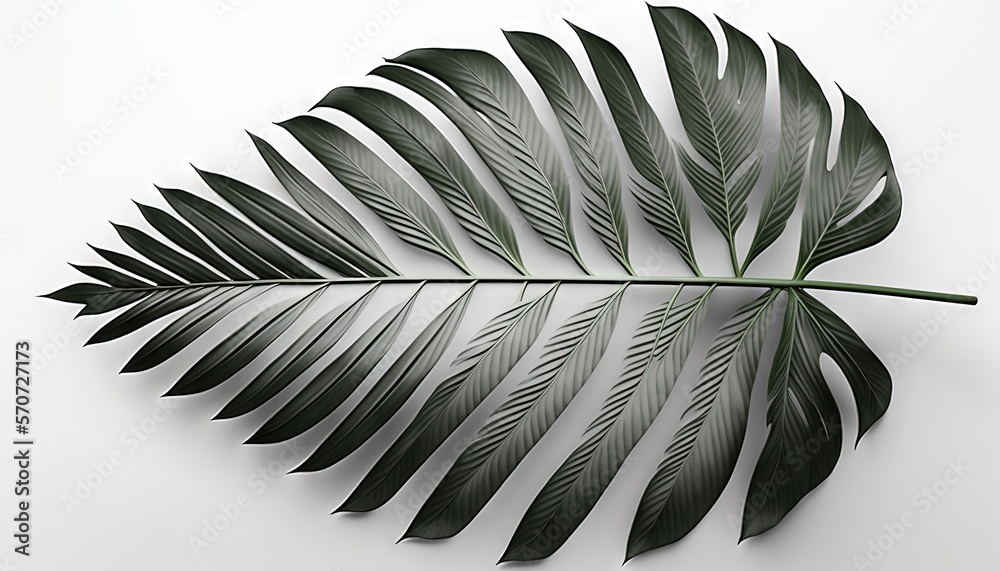  a large green leaf on a white background with a shadow of a leaf on the left side of the image and 