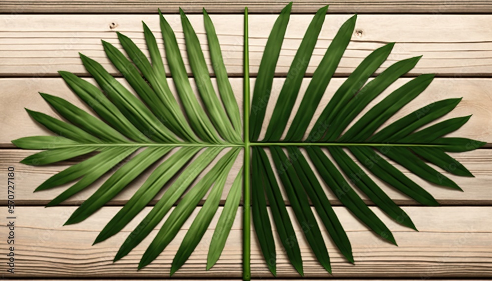  a green palm leaf on a wooden background with a place for a text or a picture to put on a card or a