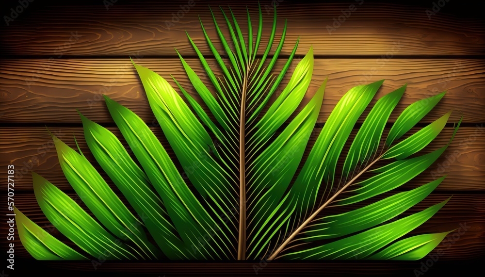  a green palm leaf on a wooden background with a place for a text or a picture of a palm leaf on a w