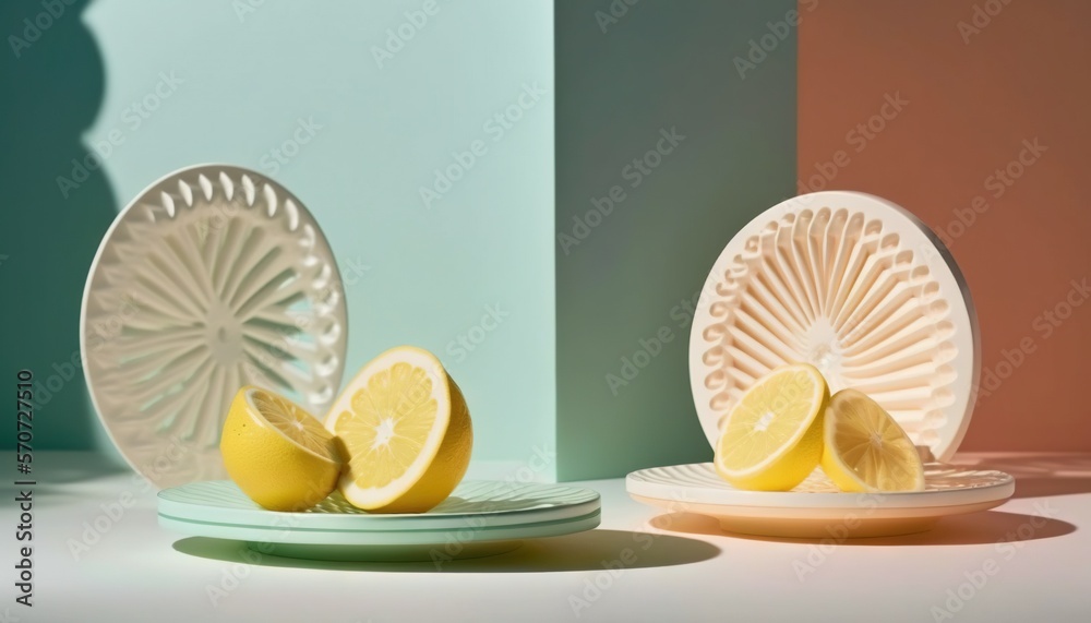  a plate with a lemon on it and a lemon slice on a plate on the table with a shadow of a person in t