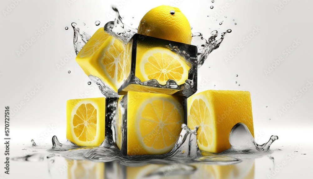  a bunch of lemons that are in the water with water splashing around them on a white surface with a 