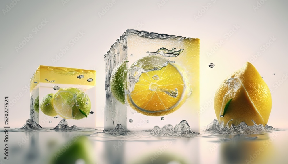  a group of lemons and limes in ice cubes with water splashing around them and a lemon slice in the 