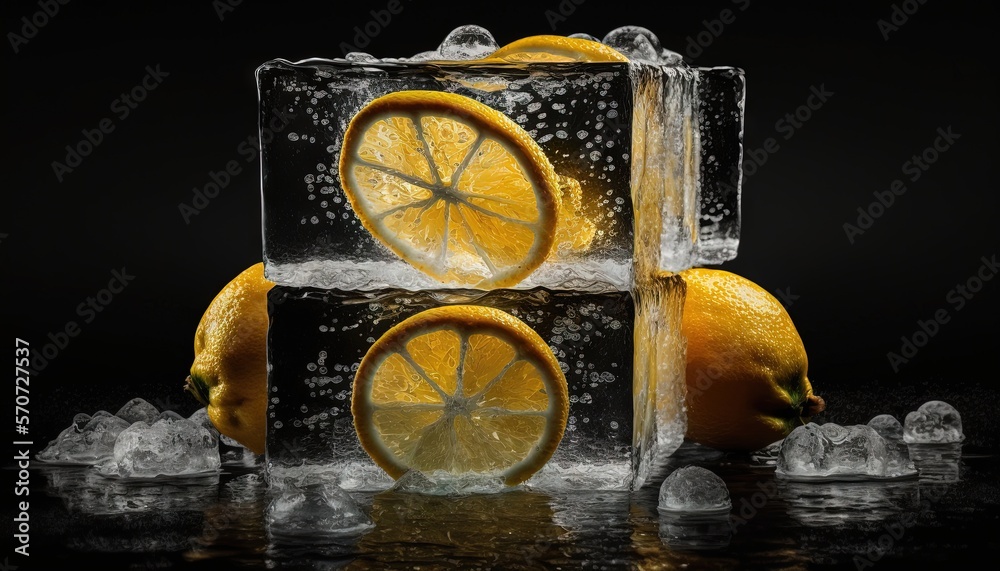  a group of lemons sitting in a block of ice with water on top of it and on top of the block of lemo