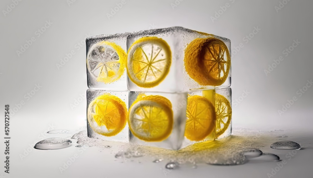  a block of ice with lemons and water droplets around it on a gray background with a white backgroun