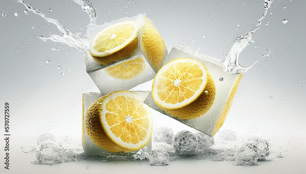  a group of lemons with water splashing around them on a gray background with ice cubes and water sp