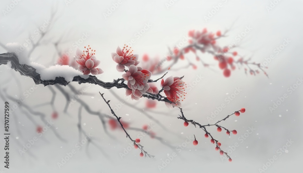  a branch of a tree with red flowers and snow on the branches and branches with snow on the branches