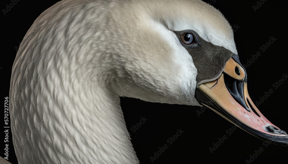  a close up of a white swan with a black back ground and a black back ground with a black back groun