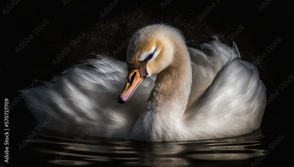  a white swan is floating in the water with its beak open and its head turned to the side with its 