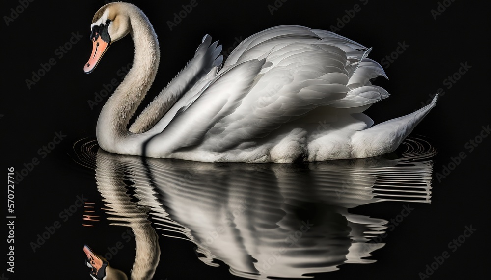  a swan is swimming in the water with its reflection on the waters surface and its reflection in th