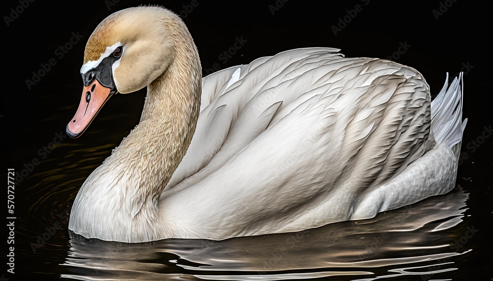  a white swan floating on top of a lake next to a forest filled with green trees and bushes and unde