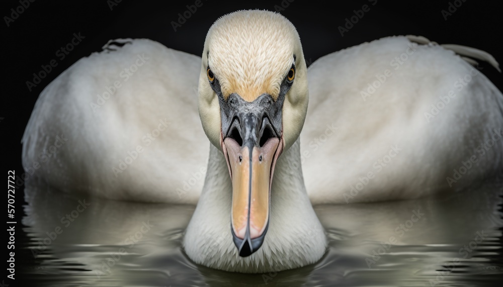  a close up of a white swan in water with its head above the waters surface, with a black backgroun