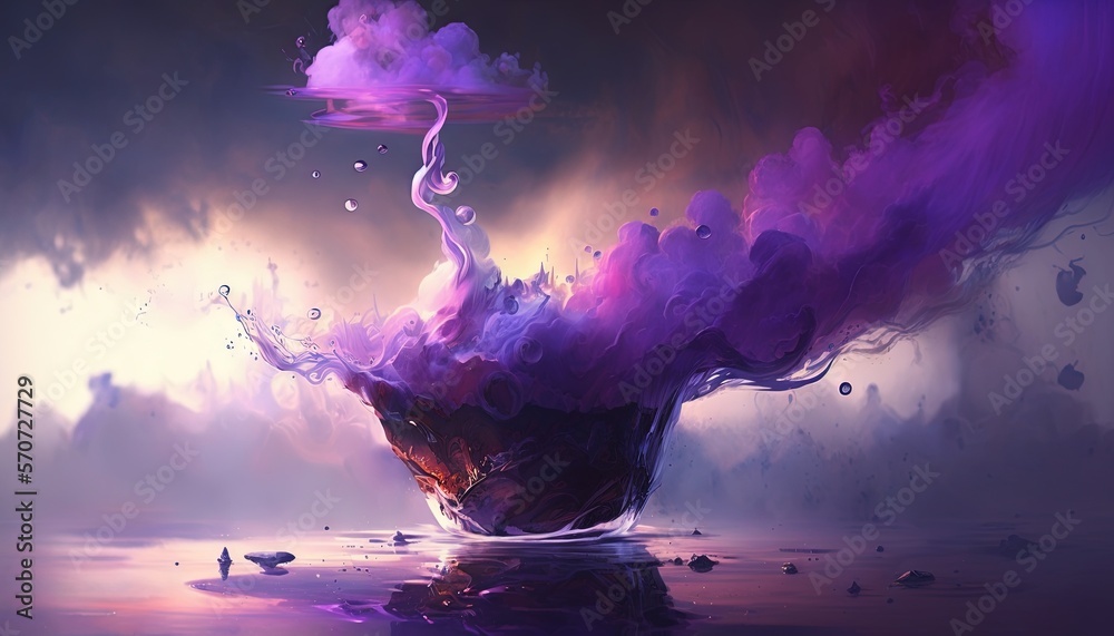  a painting of a purple substance floating in the water with a dark sky in the back ground and cloud