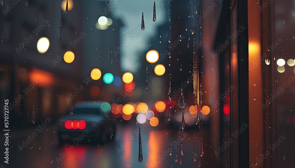  a car is driving down the street in the rain outside a window with a view of a city street with tra