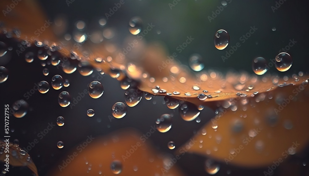  a close up of water droplets on an orange leaf with a black background and a blurry image of a leaf