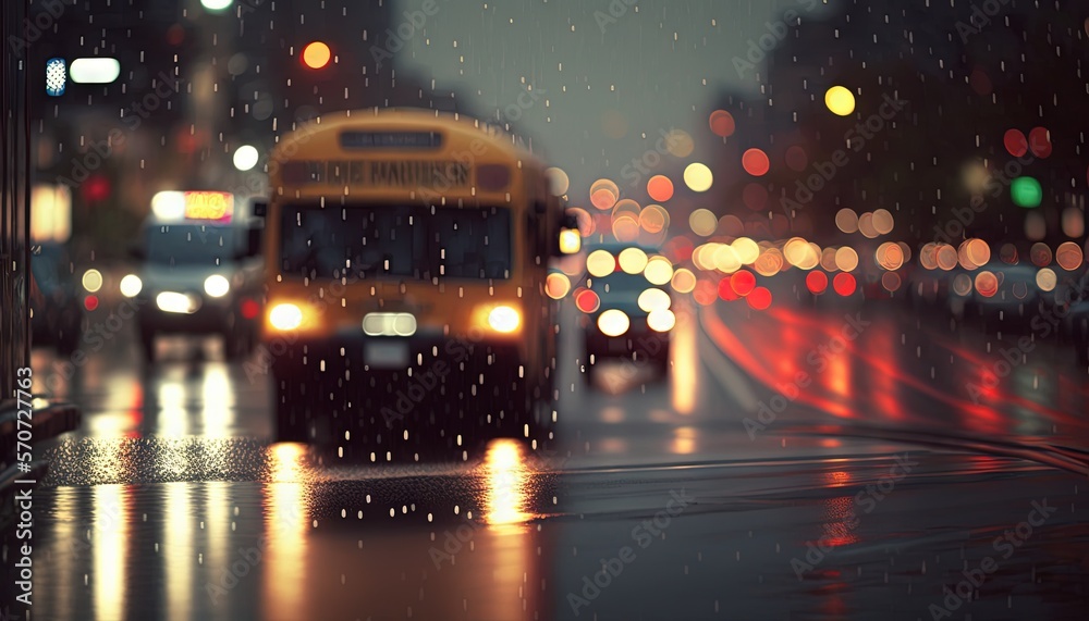  a bus driving down a rain soaked street at night with traffic lights in the background and rain fal