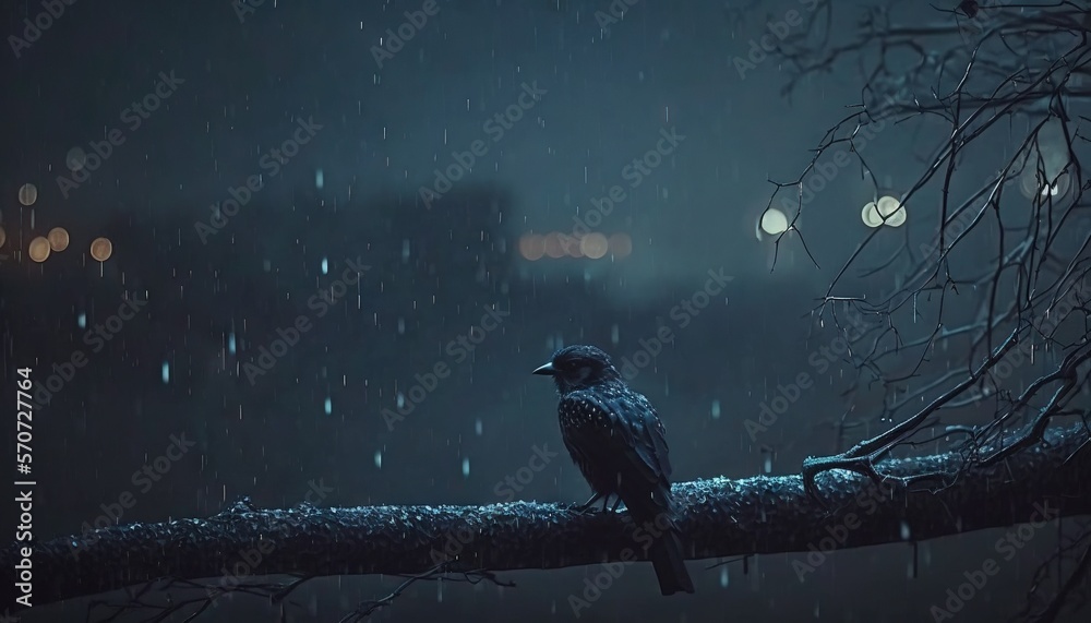  a bird sitting on a tree branch in the rain at night with street lights in the background and snow 