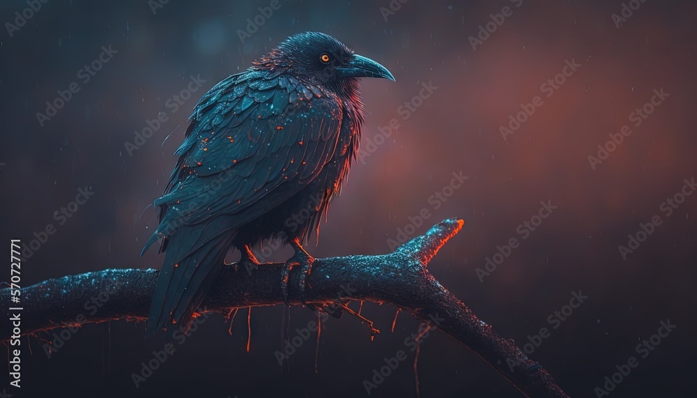  a black bird sitting on a tree branch in the rain with drops of water on its wings and a dark back