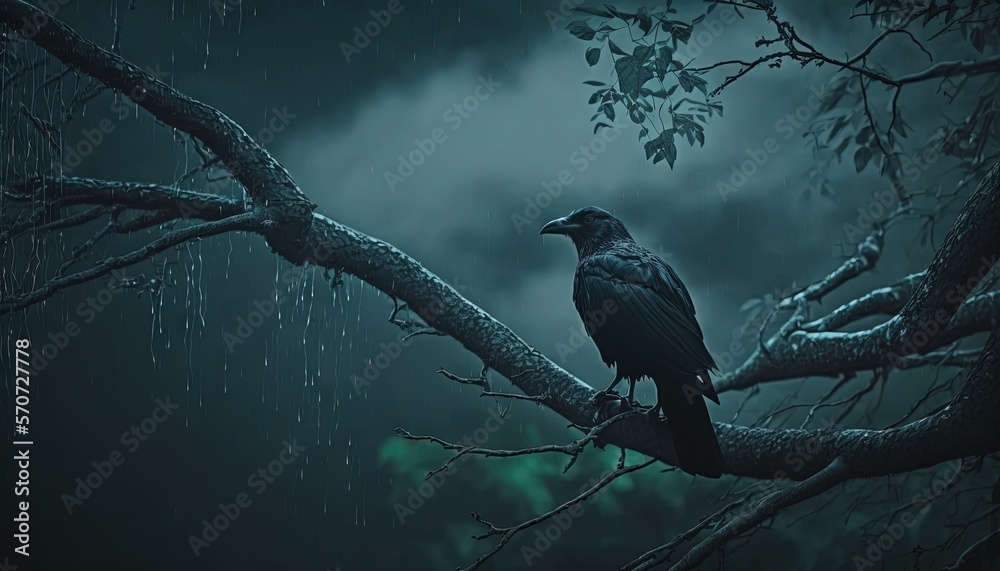  a black bird sitting on a tree branch in the rain at night with a dark sky in the back ground and c