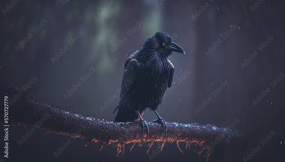  a black bird sitting on a tree branch in the rain with a black background and a red light shining o