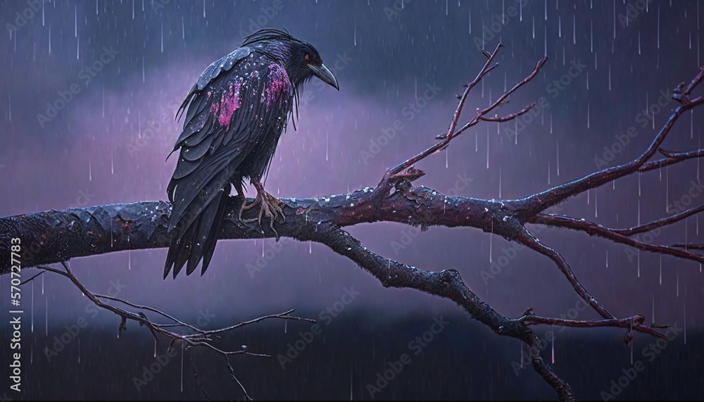  a black bird sitting on a branch in the rain with a purple light shining on its head and a dark sk