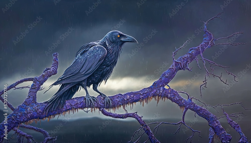  a painting of a black bird perched on a tree branch in the rain with a dark sky in the back ground 