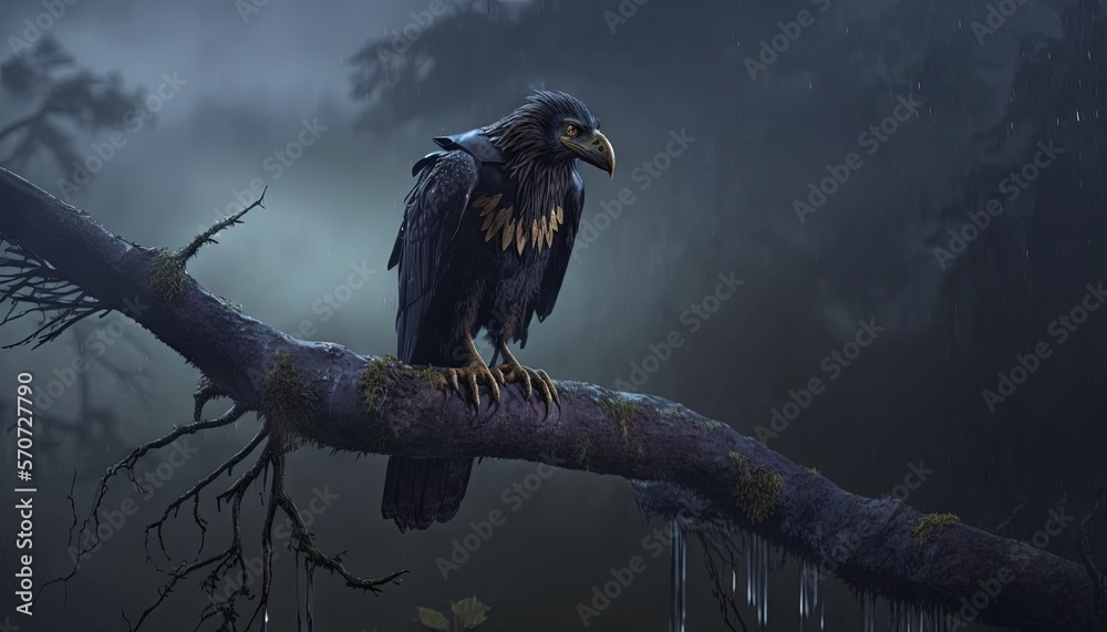  a black bird sitting on a tree branch in the dark night with rain falling down on the branches and 