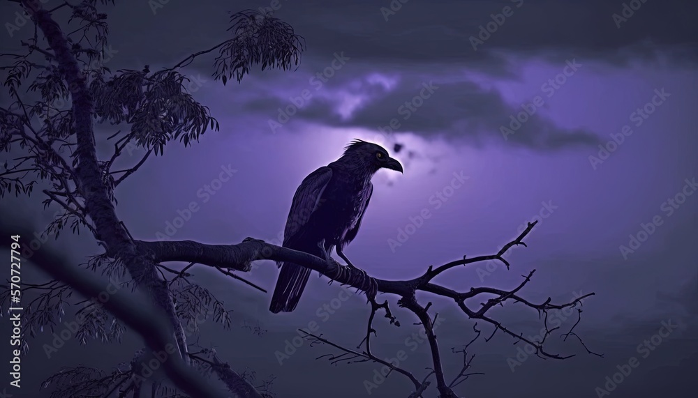  a bird sitting on a tree branch with a full moon in the background and clouds in the sky behind it,