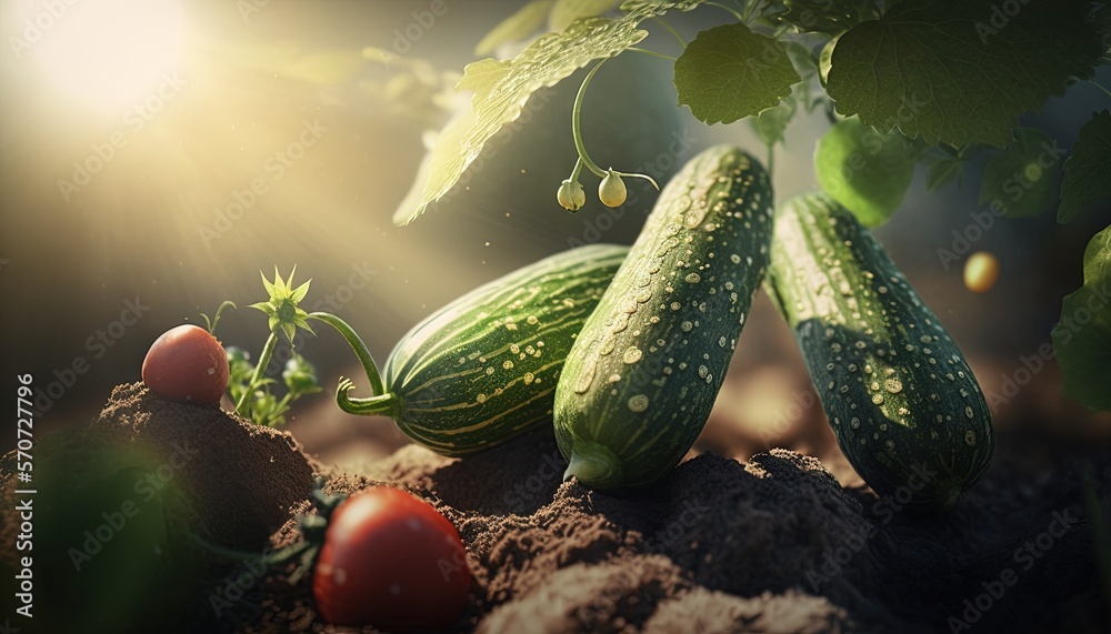  a group of cucumbers sitting on top of a pile of dirt next to tomatoes and a plant with leaves on t