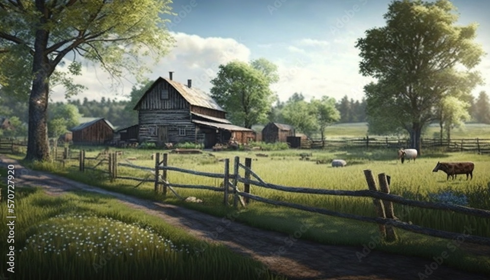  a painting of a farm scene with a barn and a horse in the pasture, and cows grazing in the pasture 