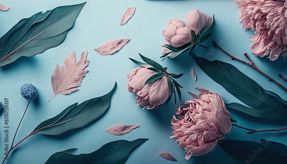  pink flowers and leaves on a blue background with leaves and flowers on the bottom of the image and