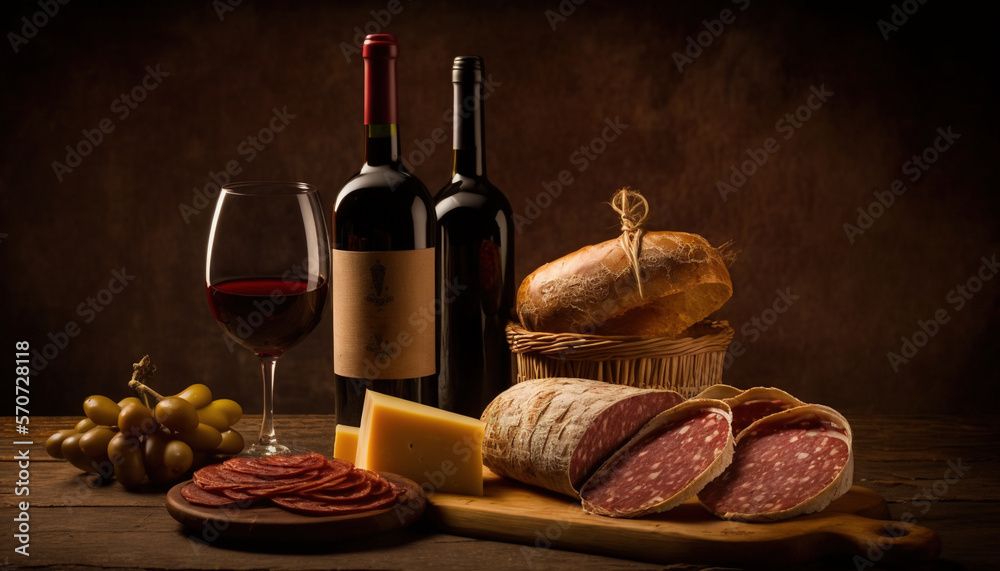  a table topped with a bottle of wine and a basket of bread next to a glass of wine and a bottle of 