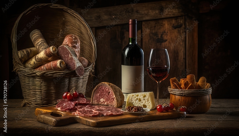  a wine bottle, bread, and meat are on a wooden table with a basket of bread and a bottle of wine in