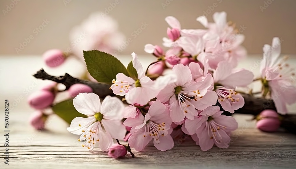  a bunch of pink flowers sitting on top of a wooden table next to a branch with leaves and buds on i