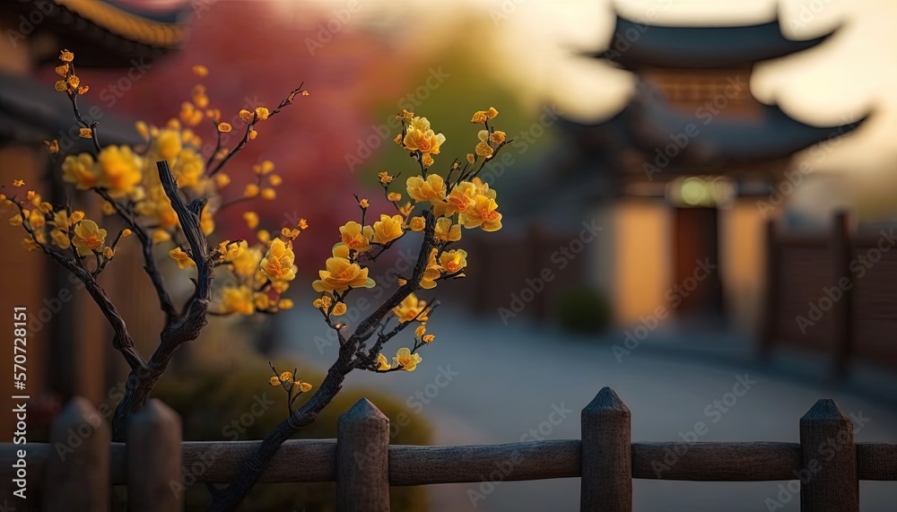  a small tree with yellow flowers in front of a fence and pagodas in the background with a path in t