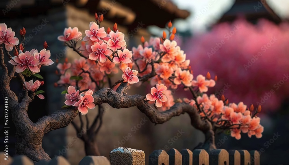  a bonsai tree with pink flowers in a bonsai garden with a stone fence in the foreground and a build