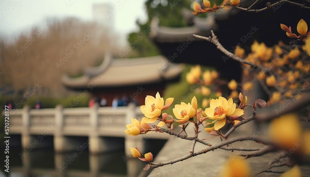  yellow flowers are blooming on a tree near a bridge in a chinese garden with people walking on the 