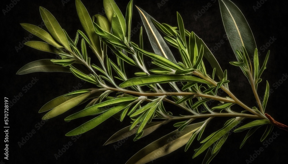  a close up of a branch of a tree with green leaves on a black background with a black back ground a